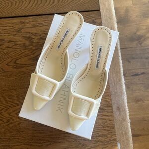 Manolo Blahnik White / Ivory Maysale Heels in Croc-Embossed Leather